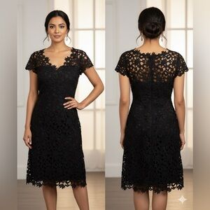 Chetta B Black Lace Illusion Special Occasion Short Sleeve Dress Women's Size 6